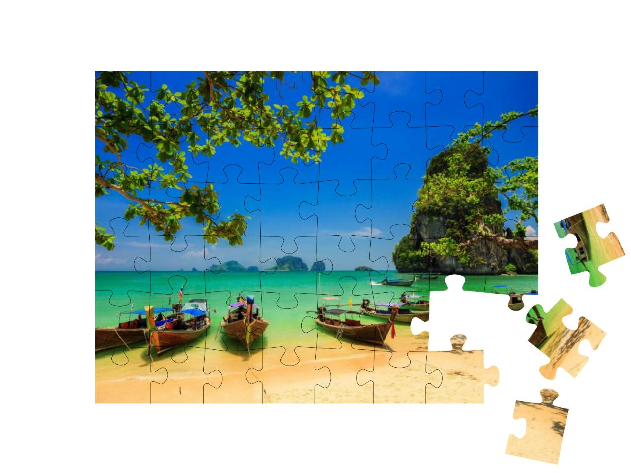 Traditional Longtail Boat At Sunset on Tropical Island, T... Jigsaw Puzzle with 48 pieces