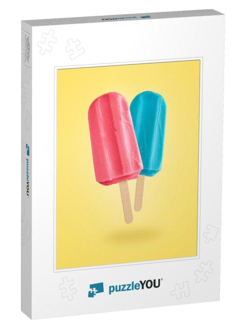 Red & Blue Ice Creams Flying on Yellow Background with Co... Jigsaw Puzzle