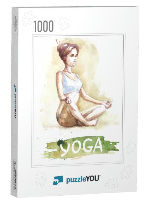 Watercolor Yoga Girl, Banner for School... Jigsaw Puzzle with 1000 pieces