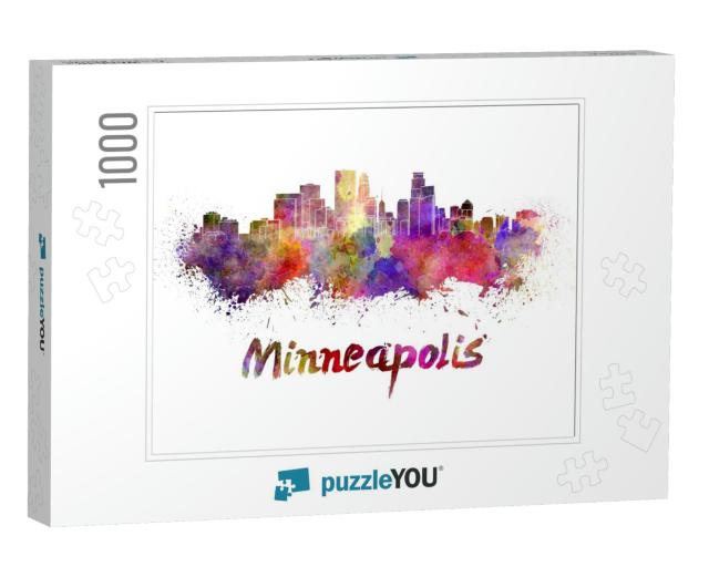 Minneapolis Skyline in Watercolor Splatters with Clipping... Jigsaw Puzzle with 1000 pieces