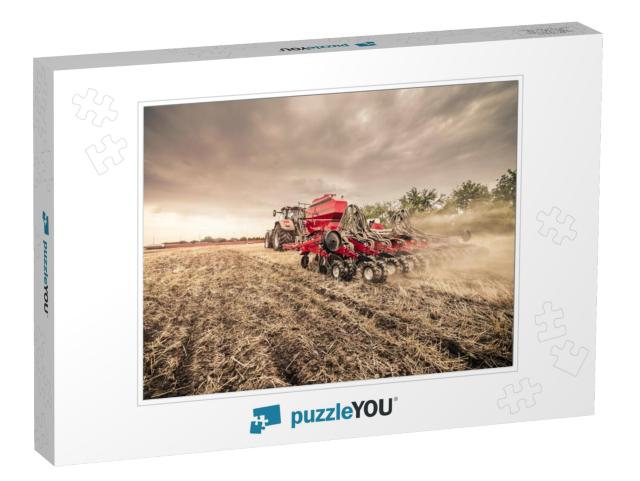 Modern Red Tractor with Red Implement Seeding Directly In... Jigsaw Puzzle