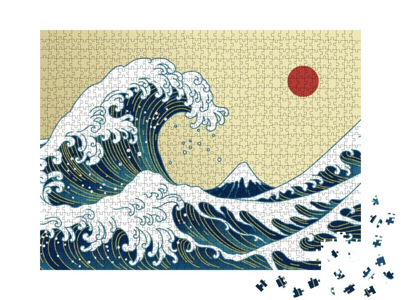 Big Asian Ocean Wave, Red Sun & the Mountain Illustration... Jigsaw Puzzle with 1000 pieces
