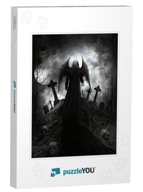 Gothic Scenery with Angel, Skulls & Tombstones. 3D Illust... Jigsaw Puzzle