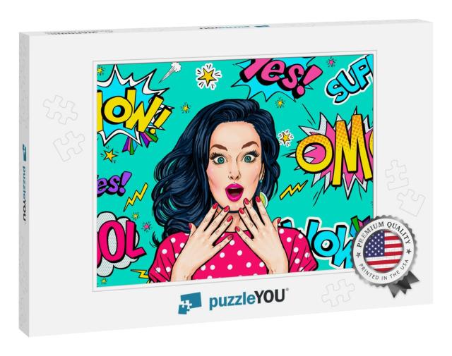Surprised Woman on Pop Art Background. Advertising Poster... Jigsaw Puzzle