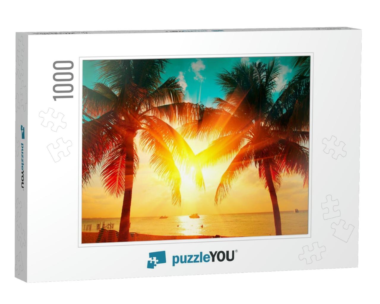 Sunset Beach with Palm Trees & Beautiful Sky Landscape. T... Jigsaw Puzzle with 1000 pieces