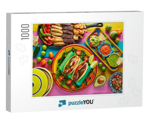 Mexican Chicken & Beef Fajitas Tacos in Colorful Table wi... Jigsaw Puzzle with 1000 pieces
