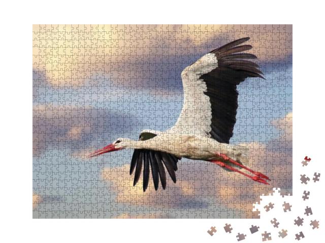 Beautiful White Stork Ciconia Ciconia in Flight with a Cl... Jigsaw Puzzle with 1000 pieces