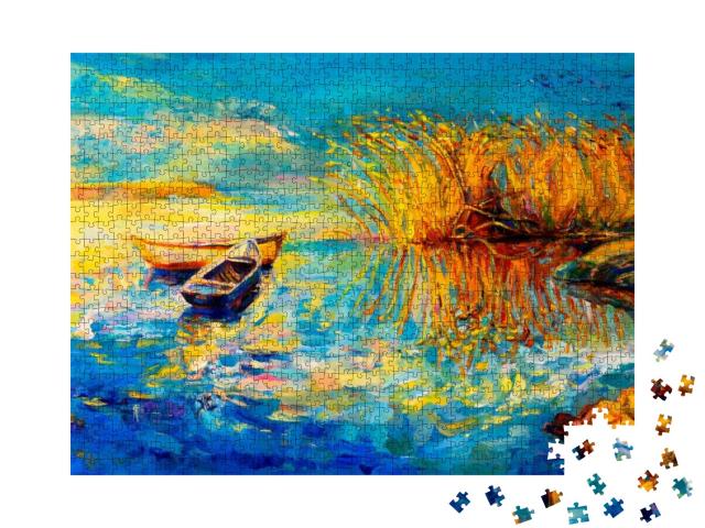 Original Oil Painting on Canvas. Boats. Modern Art... Jigsaw Puzzle with 1000 pieces