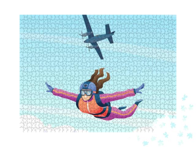 Female Skydiver Jumps from the Plane & Skydiving in the S... Jigsaw Puzzle with 1000 pieces