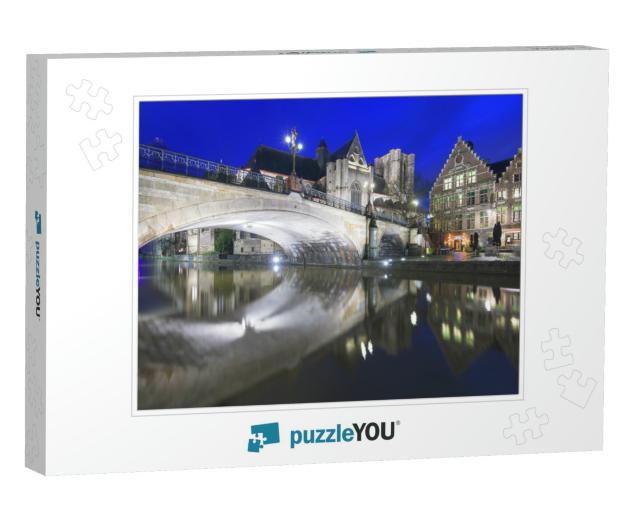 Ghent, Belgium Old Town Cityscape At Night on the Leie Ri... Jigsaw Puzzle