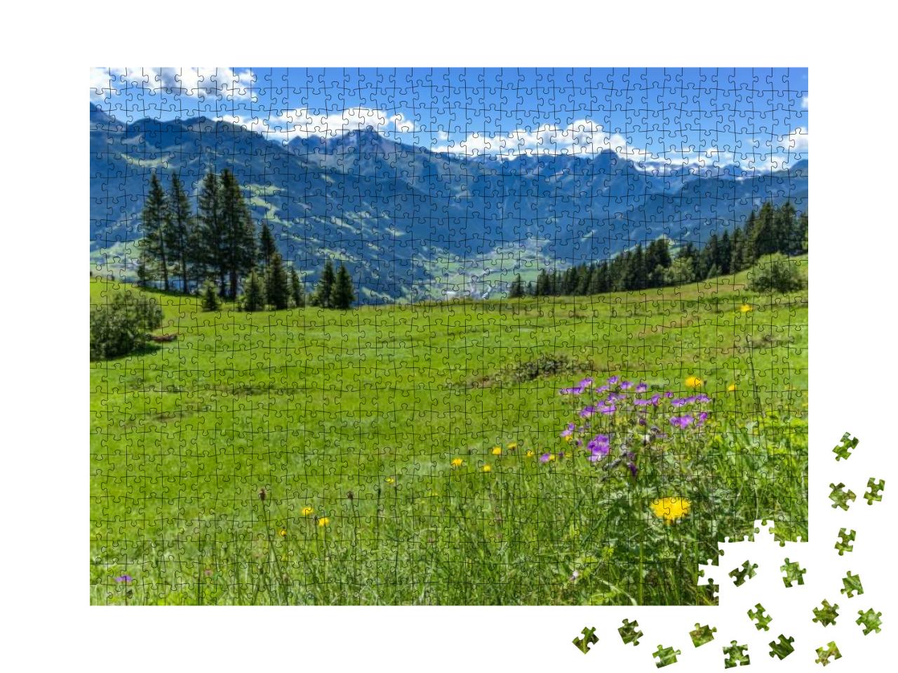 Alpine Mountain View with Bright Green Meadow in the Fore... Jigsaw Puzzle with 1000 pieces