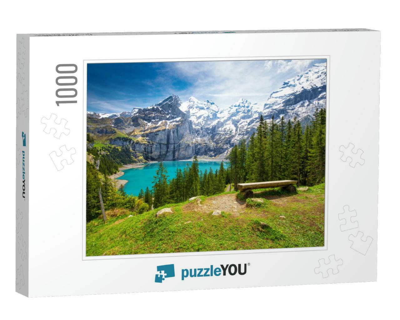 Amazing Turquoise Oeschinnensee with Waterfalls & Swiss A... Jigsaw Puzzle with 1000 pieces