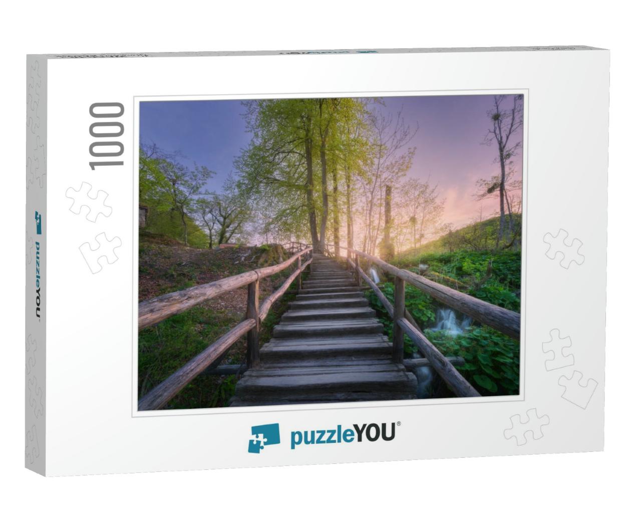 Wooden Stairs in Forest At Sunset in Spring. Plitvice Lak... Jigsaw Puzzle with 1000 pieces