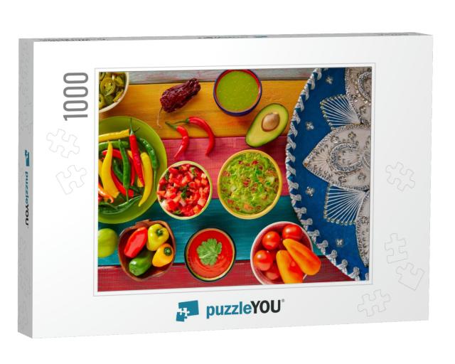 Mexican Food Mixed Guacamole Nachos Chili Sauce Dipping C... Jigsaw Puzzle with 1000 pieces