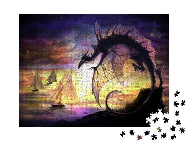 Cartoon Dragon & Sailing Vessel in Another World... Jigsaw Puzzle with 1000 pieces