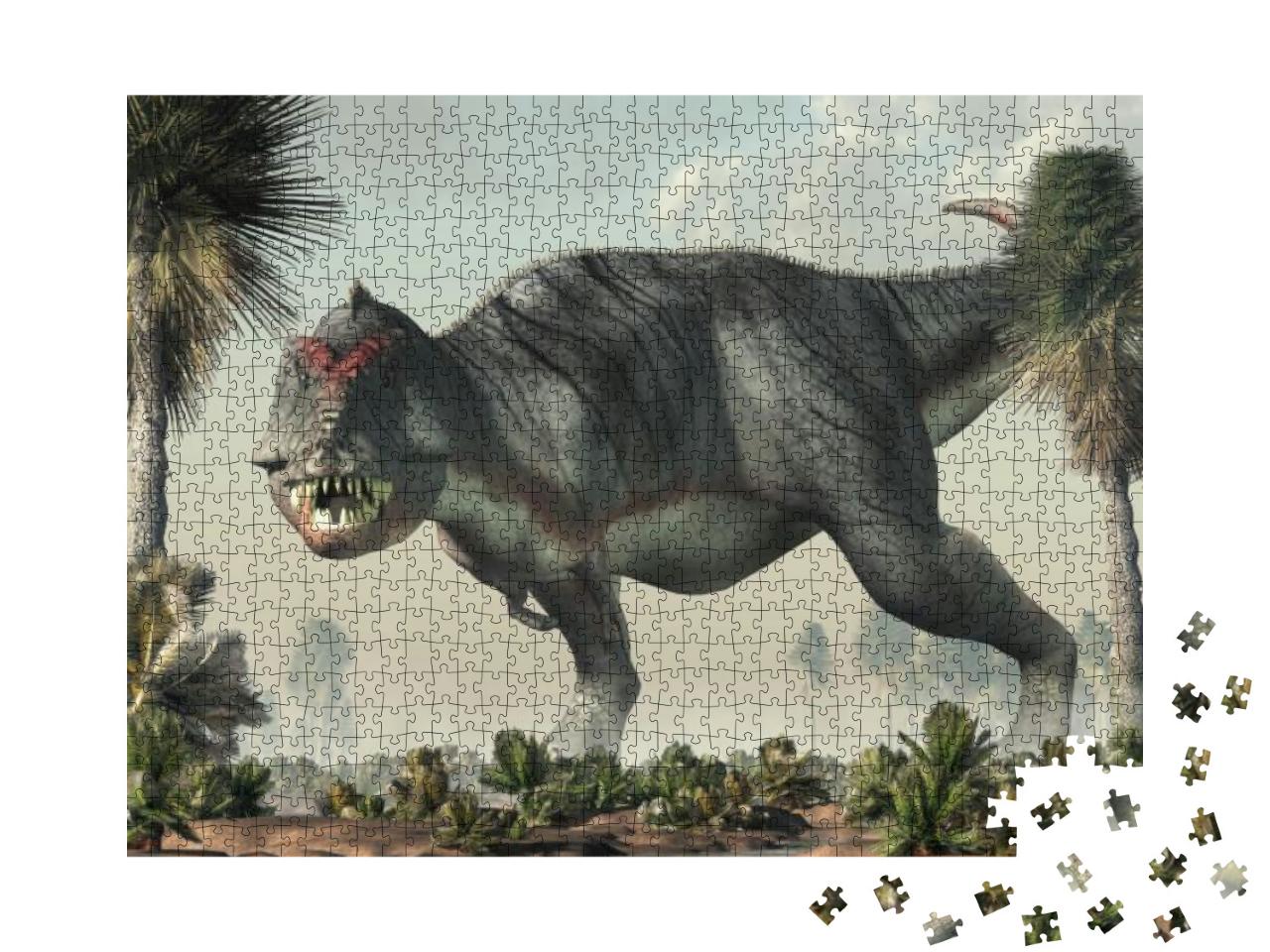 A Gray Tyrannosaurus Rex Stands in a Prehistoric Wetland... Jigsaw Puzzle with 1000 pieces