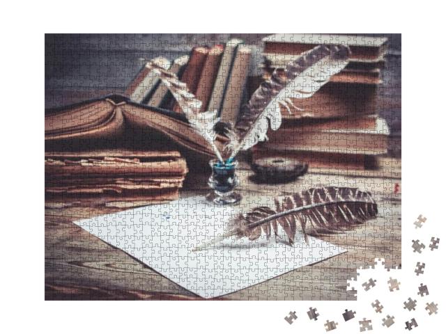 Vintage Still Life. Old Books, Ink, Feathers on a Wooden... Jigsaw Puzzle with 1000 pieces