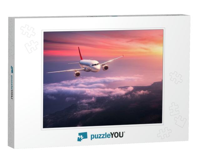Passenger Airplane. Landscape with Big White Airplane is... Jigsaw Puzzle