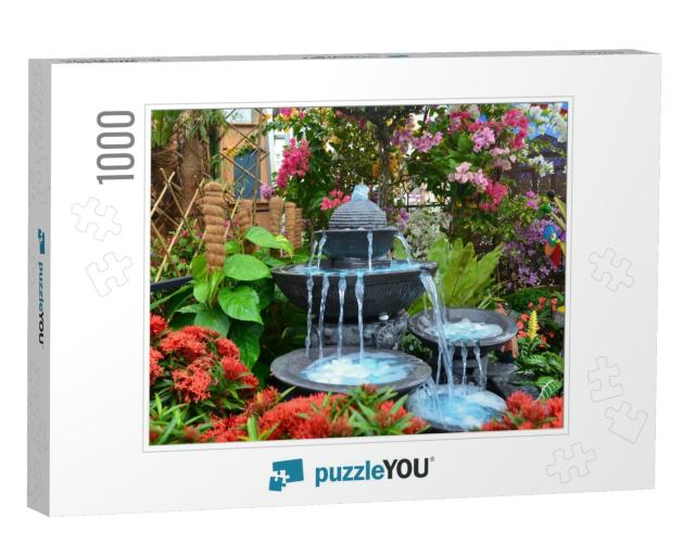 Antique Fountain At Garden. Blue Water Flowing from Stone... Jigsaw Puzzle with 1000 pieces