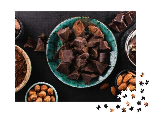 Chunks of Dark Chocolate on a Plate, Melted Chocolate in... Jigsaw Puzzle with 1000 pieces
