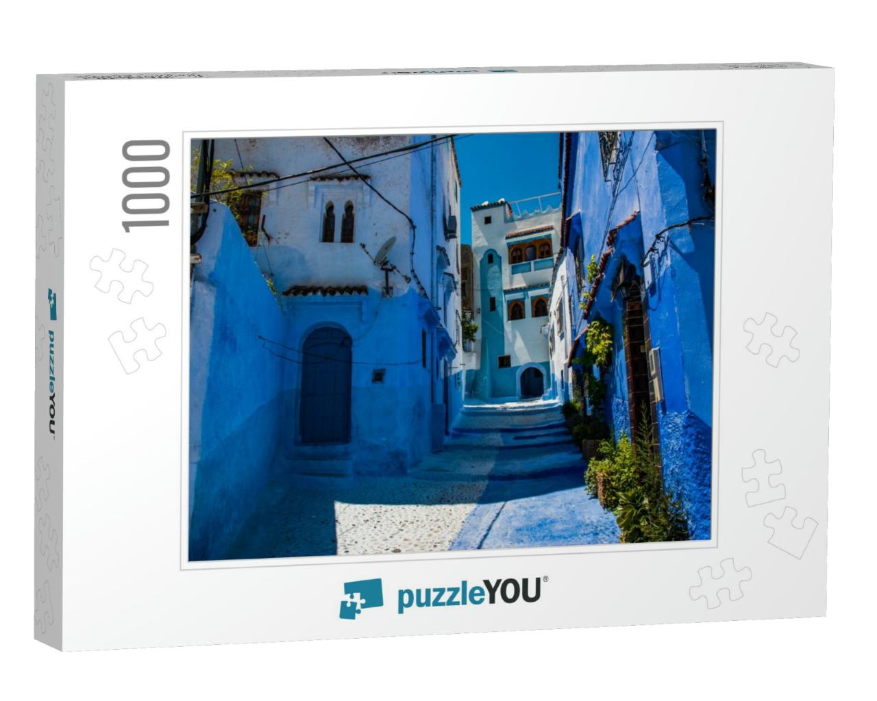 Streets of Blue City, Chefchaouen in Marocco. White & Blu... Jigsaw Puzzle with 1000 pieces