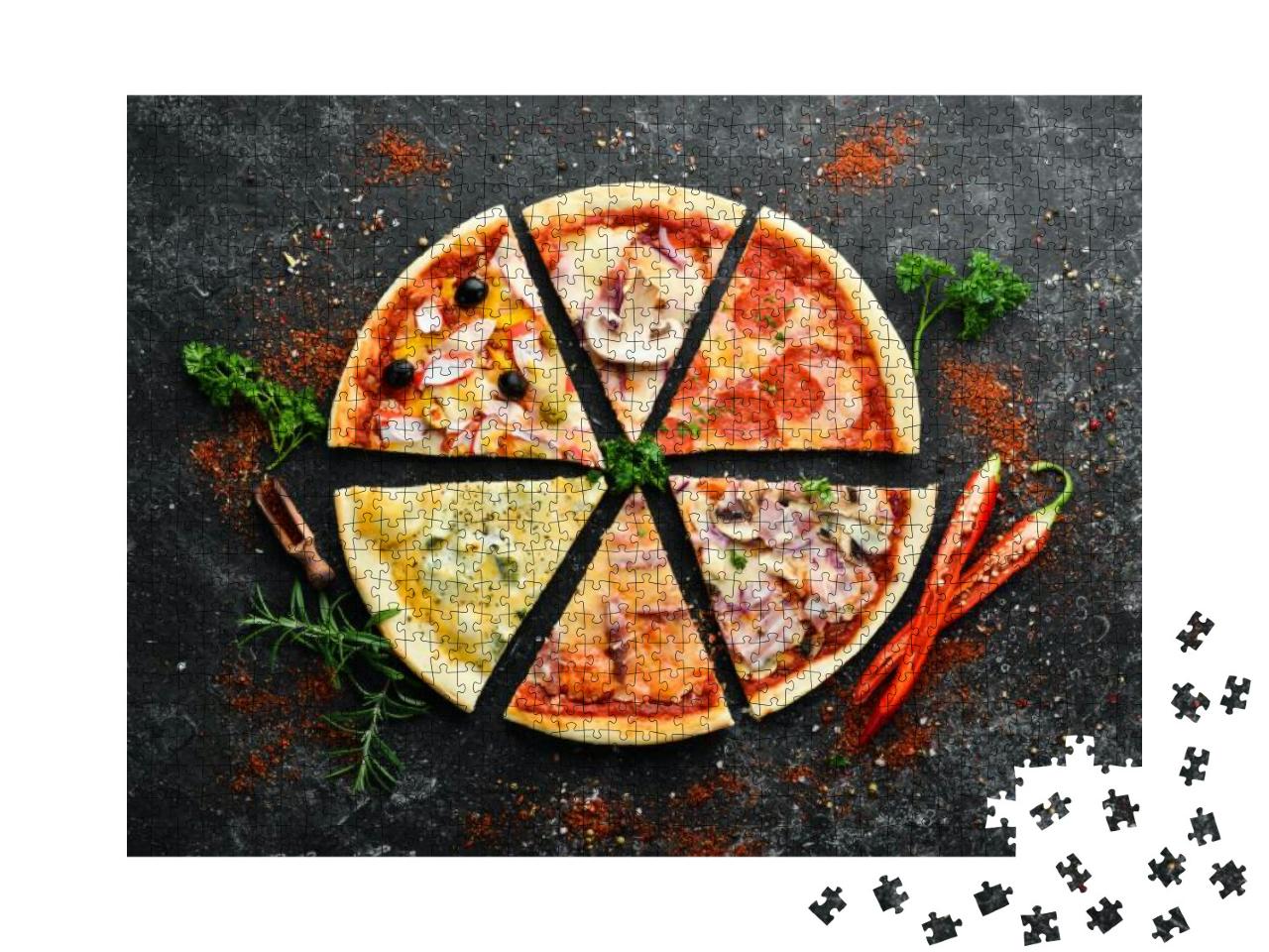Assortment of Pizza Sliced on Black Stone Background. Top... Jigsaw Puzzle with 1000 pieces