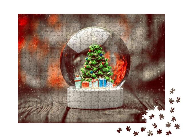 Christmas Snow Globe on Wooden Background... Jigsaw Puzzle with 1000 pieces