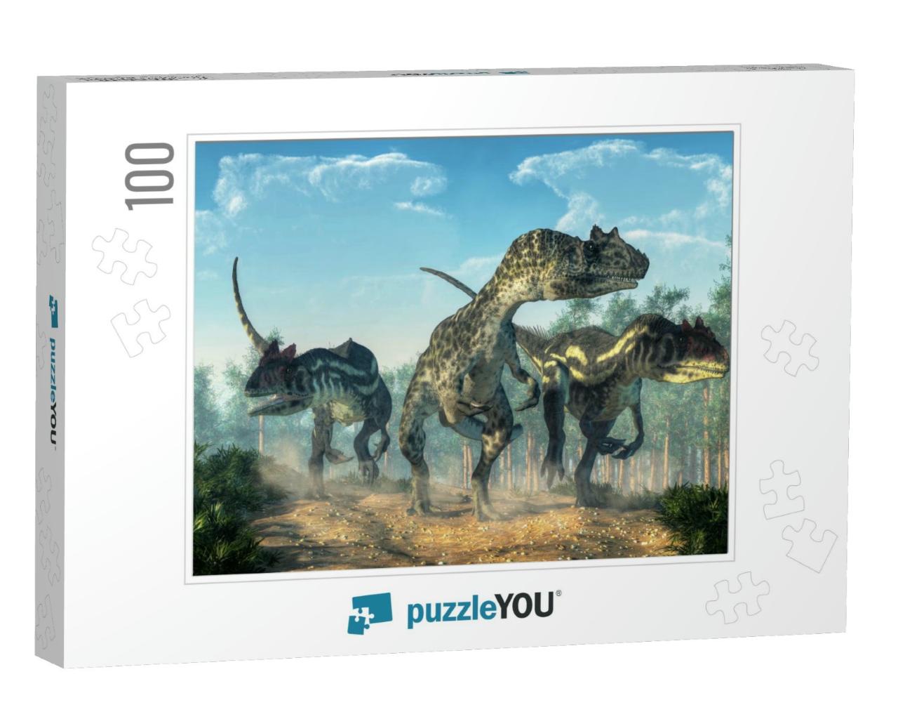 Three Allosauruses Kick Up Dust as They Hunt Along a Rock... Jigsaw Puzzle with 100 pieces
