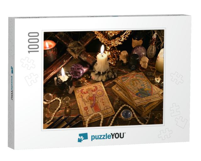 Mystic Ritual with Tarot Cards, Vintage Objects, C... Jigsaw Puzzle with 1000 pieces
