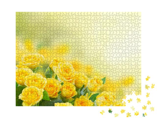 Fresh Yellow Roses in Green Sunny Garden... Jigsaw Puzzle with 1000 pieces