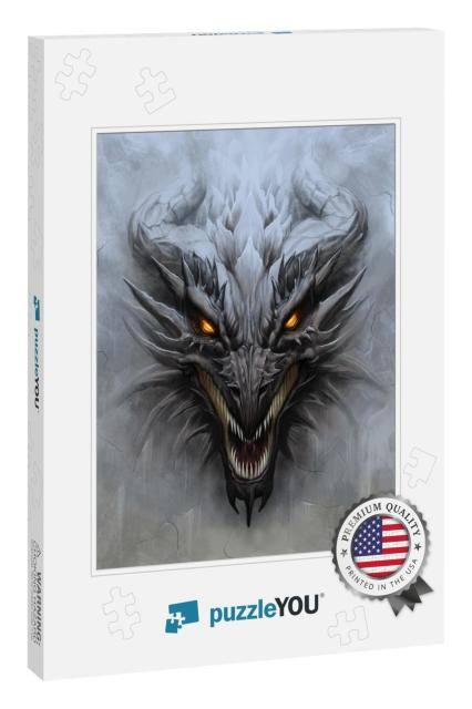 Dragon Head on the Gray Stone Background. Digital Paintin... Jigsaw Puzzle
