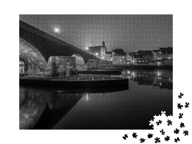 View to the Stone Bridge in Regensburg At Night in the Fo... Jigsaw Puzzle with 1000 pieces