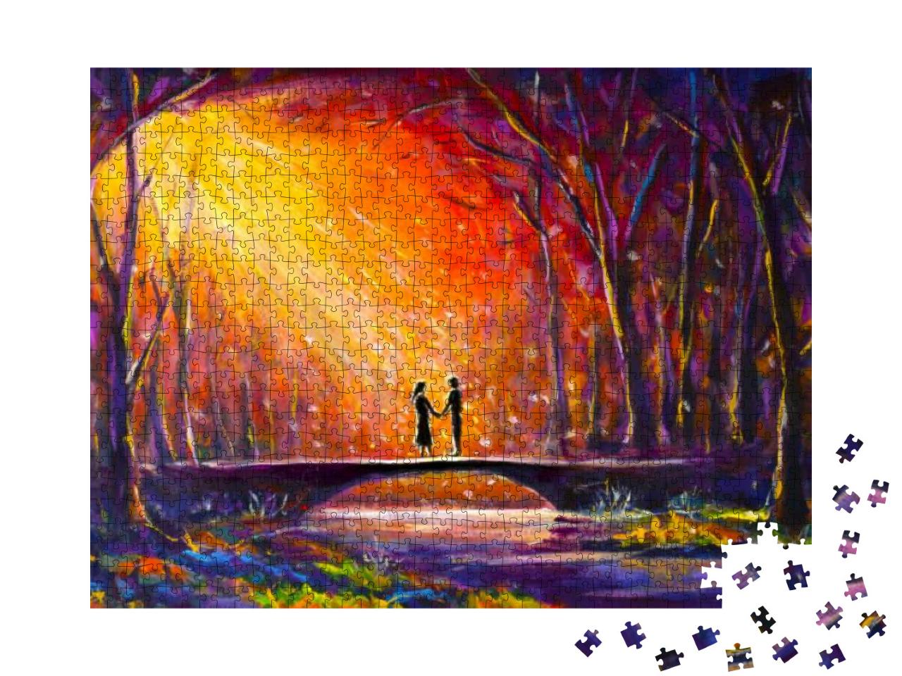 Original Oil Painting Lovers on Bridge in Forest At Night... Jigsaw Puzzle with 1000 pieces