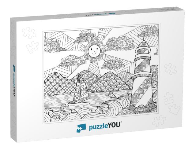 Seascape Line Art Design for Coloring Book for Adult, Ant... Jigsaw Puzzle