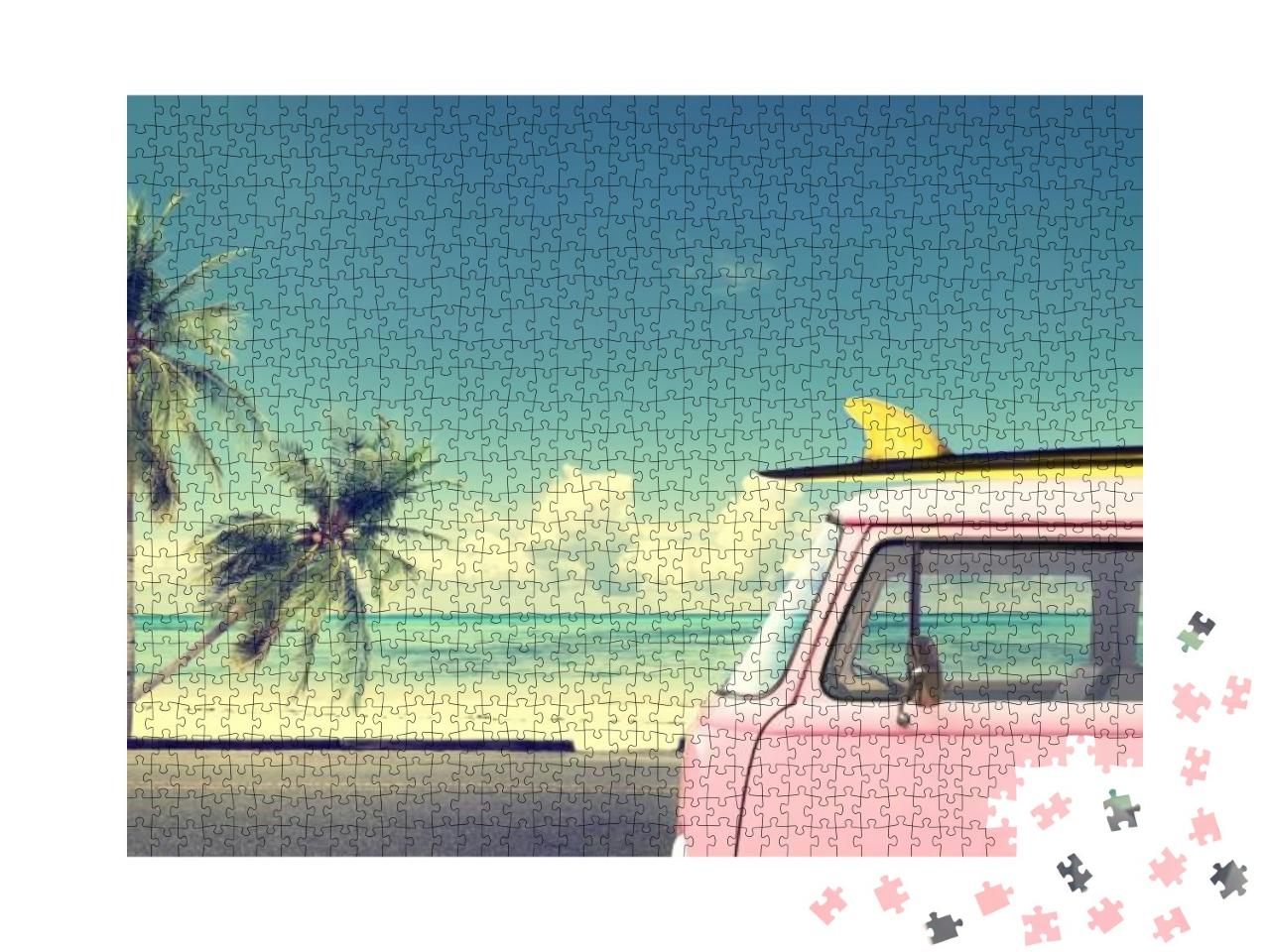 Vintage Car in the Beach with a Surfboard on the Roof... Jigsaw Puzzle with 1000 pieces