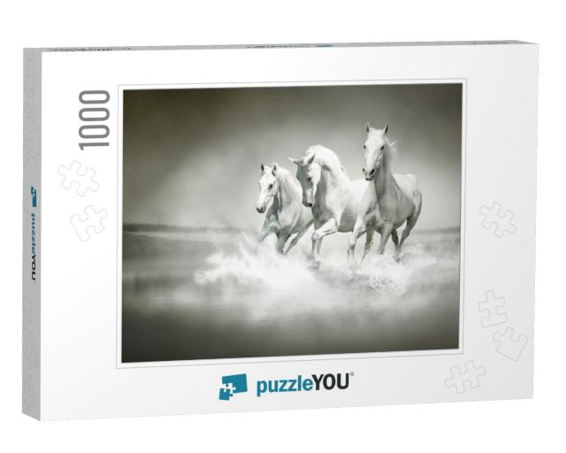 Herd of White Horses Running Through Water... Jigsaw Puzzle with 1000 pieces