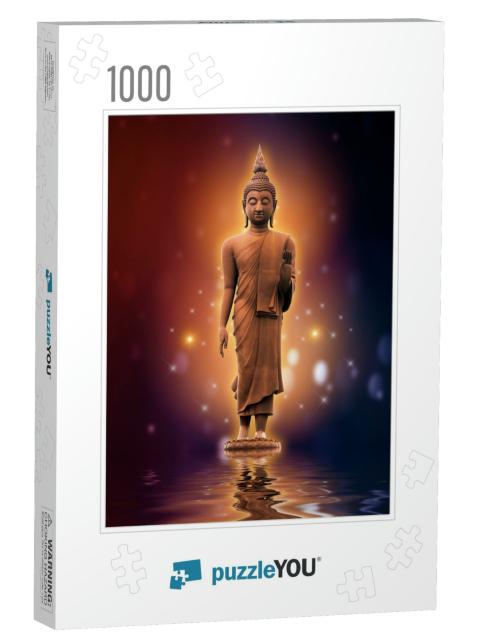 Buddha Statue on Water Gold Background Purple Color Blue... Jigsaw Puzzle with 1000 pieces