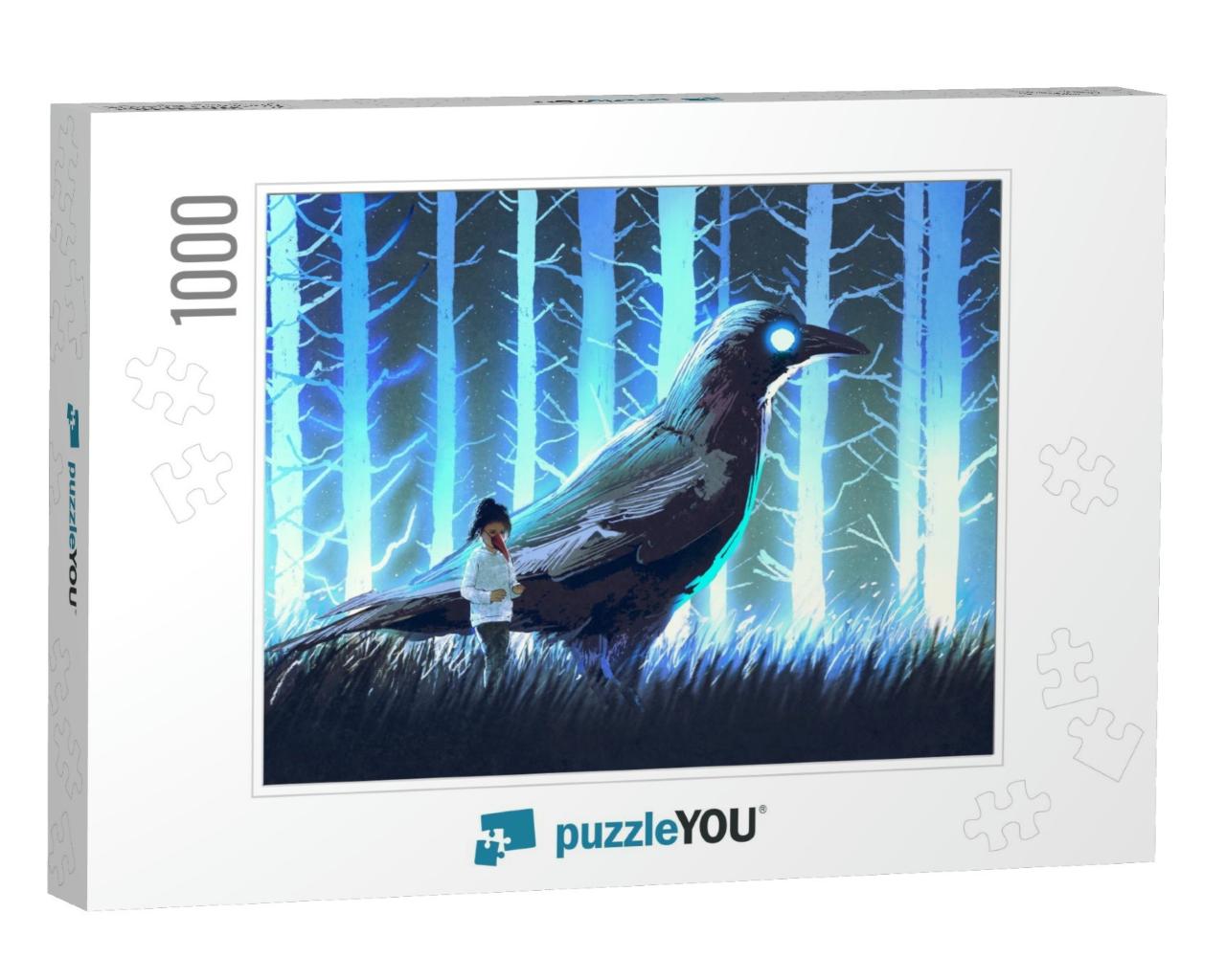 Little Girl with Her Big Crow Standing in Blue Forest wit... Jigsaw Puzzle with 1000 pieces