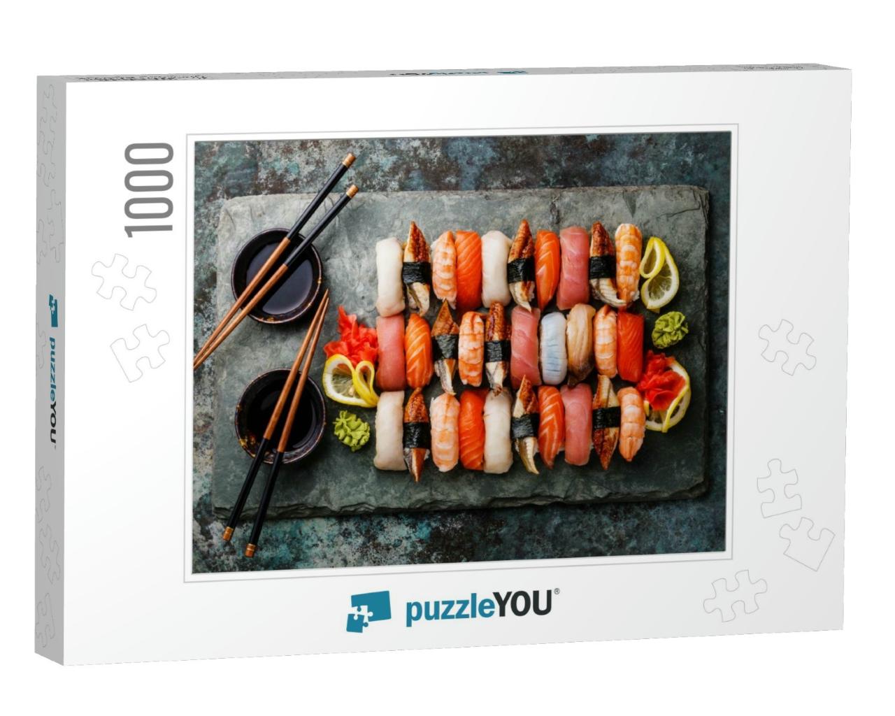 Nigiri Sushi Set on Gray Stone Slate on Metal Background... Jigsaw Puzzle with 1000 pieces