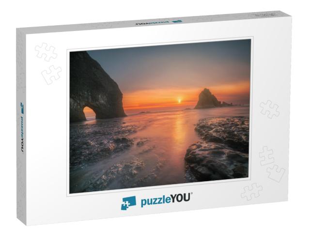 A Wide Angle Photograph of a Winter Sunset At Coastal Oly... Jigsaw Puzzle