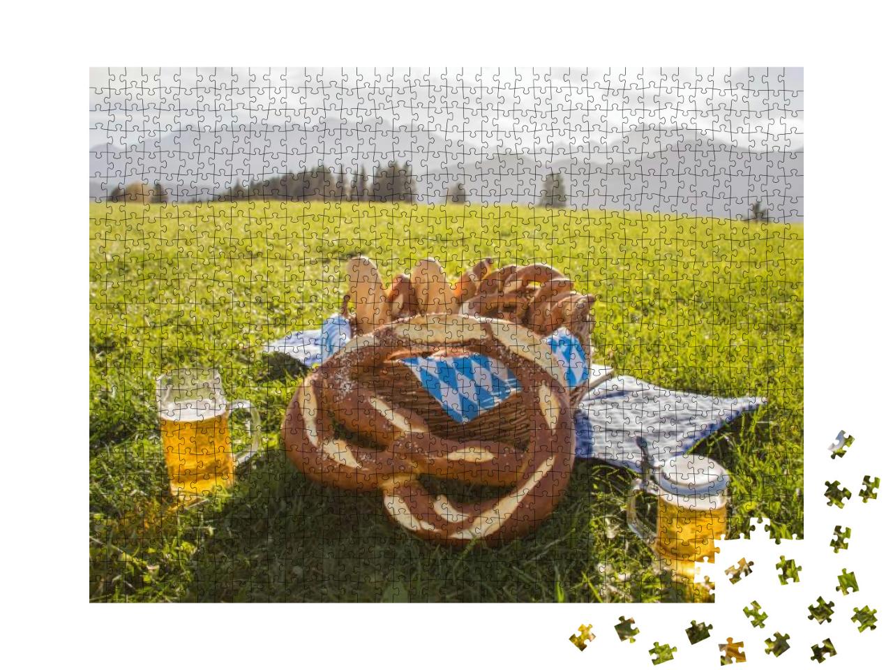 Bavaria Pretzel with Beer. Basket with Pretzels, Beer Mug... Jigsaw Puzzle with 1000 pieces