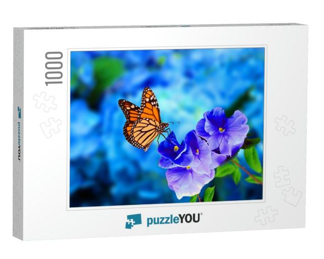 Butterfly Flower Images. Beautiful Butterfly on Blue Flow... Jigsaw Puzzle with 1000 pieces