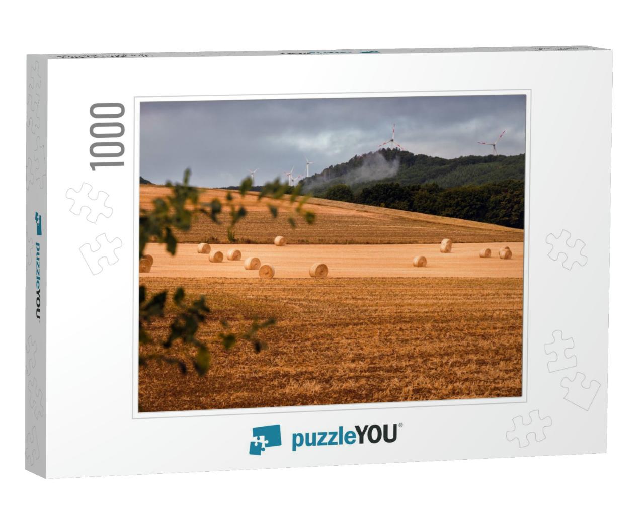 Landscape with Circular Straw Bales & Wind Turbines Under... Jigsaw Puzzle with 1000 pieces