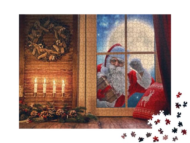Merry Christmas! Santa Claus is Knocking At Window. Room... Jigsaw Puzzle with 1000 pieces
