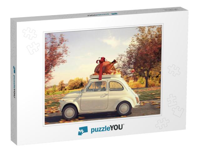 3D Rendering. Woman Driving with Big Turkey on Car Roof... Jigsaw Puzzle