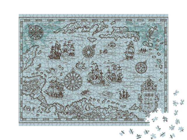 Old Map of the Caribbean Sea with Pirate Ships, Treasure... Jigsaw Puzzle with 1000 pieces