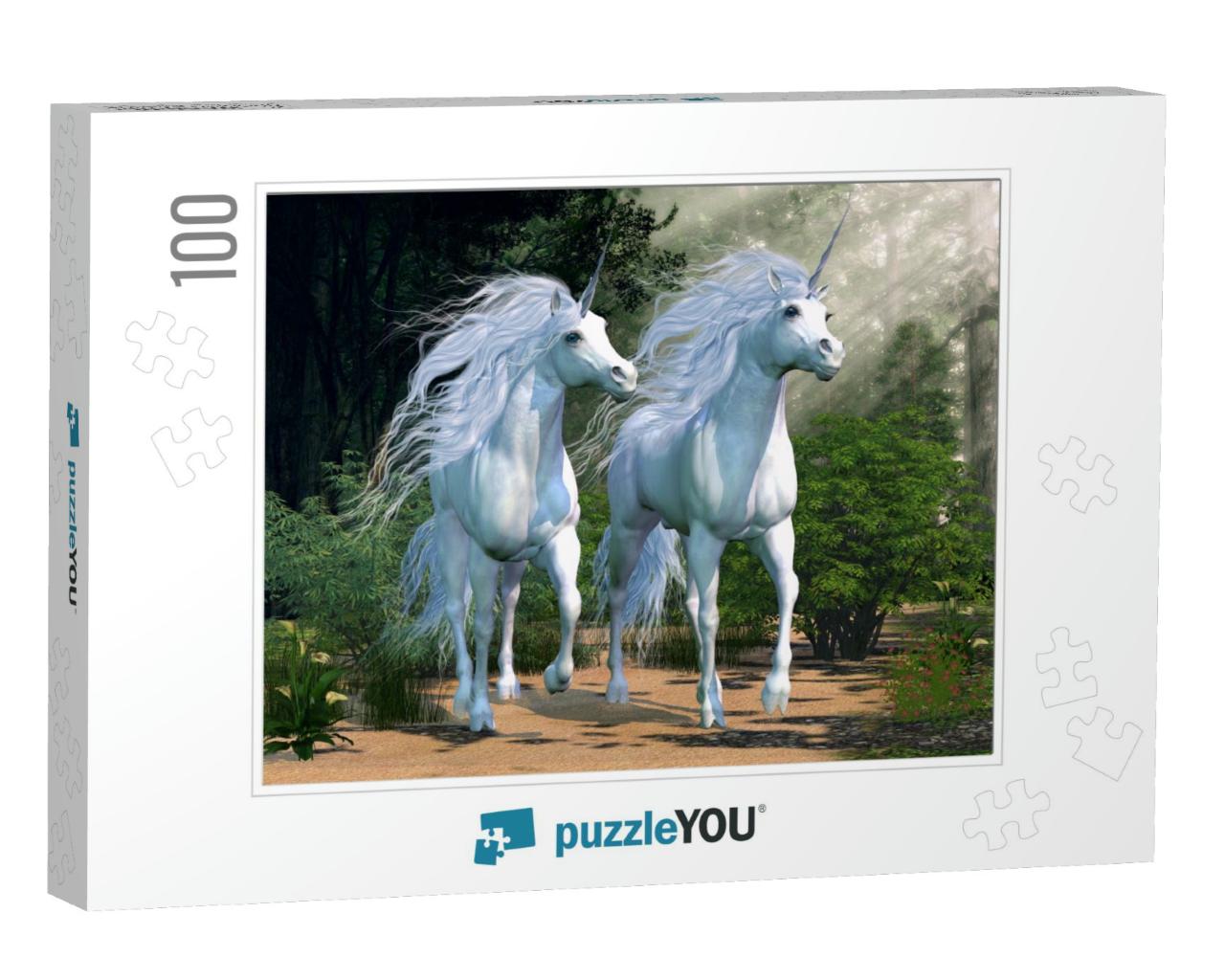 Enchanted Forest - Two Buck Unicorns Run Together Through... Jigsaw Puzzle with 100 pieces