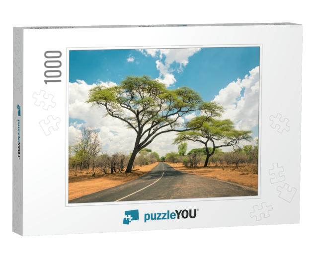African Landscape with Empty Road & Trees in Zimbabwe - o... Jigsaw Puzzle with 1000 pieces