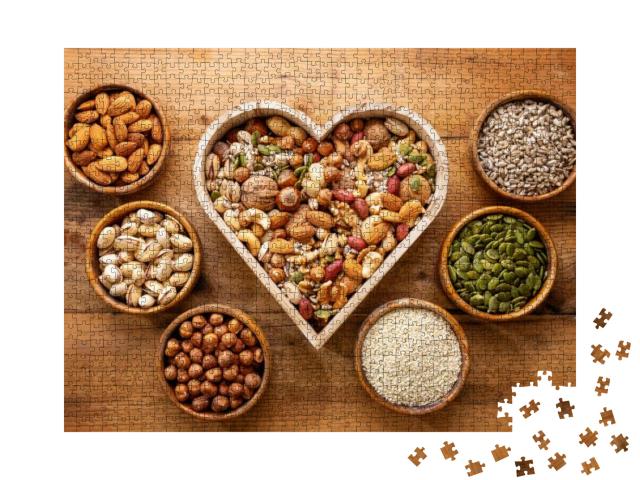 Heart Shaped Box & Small Bowls Full of Nuts & Seed on Rus... Jigsaw Puzzle with 1000 pieces