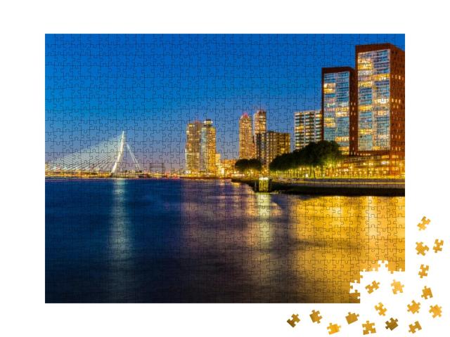Rotterdam Night Cityscape with Its Buildings, Yellow Ligh... Jigsaw Puzzle with 1000 pieces